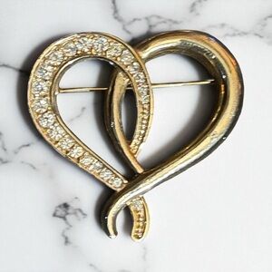 Vintage Gold Tone Rhinestone Heart Brooch